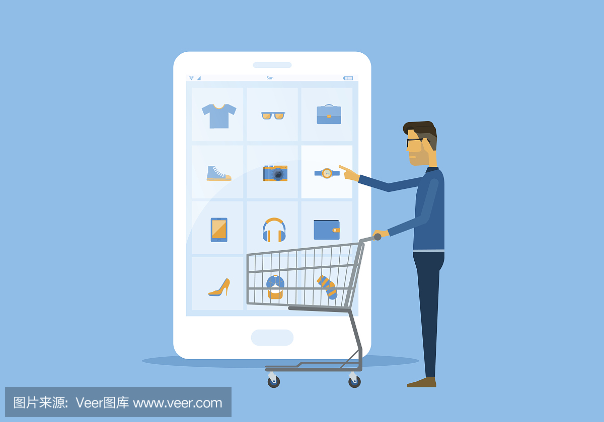 平向量商业在线购物和电子商务概念与商人接触智能手机